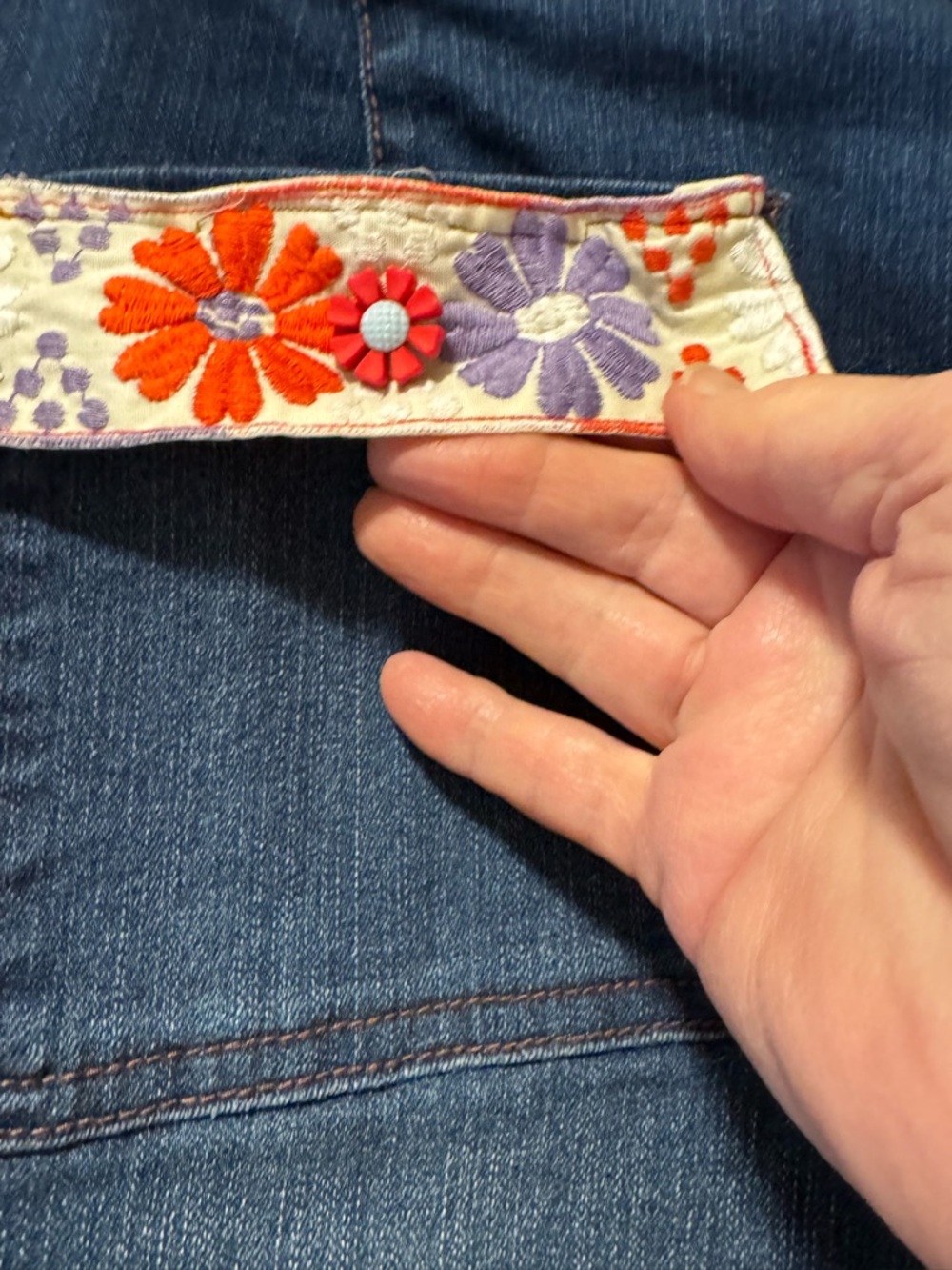Upcycled Wide Leg Dark Blue Jeans with Embroidered Floral Cuff - Picture 4 of 8